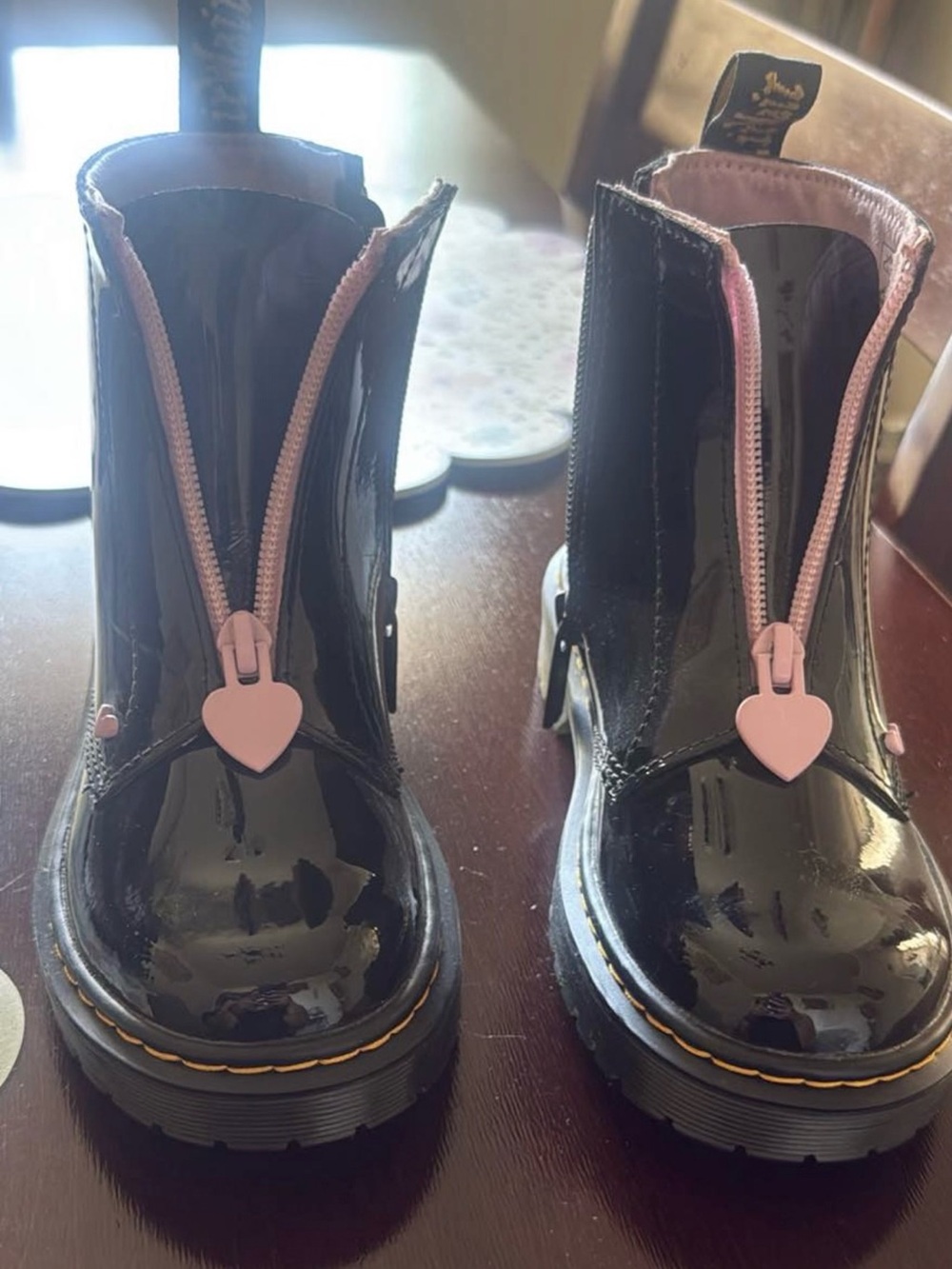 Dr. Martens Kids Black Patent Boots with Pink Heart Zippers